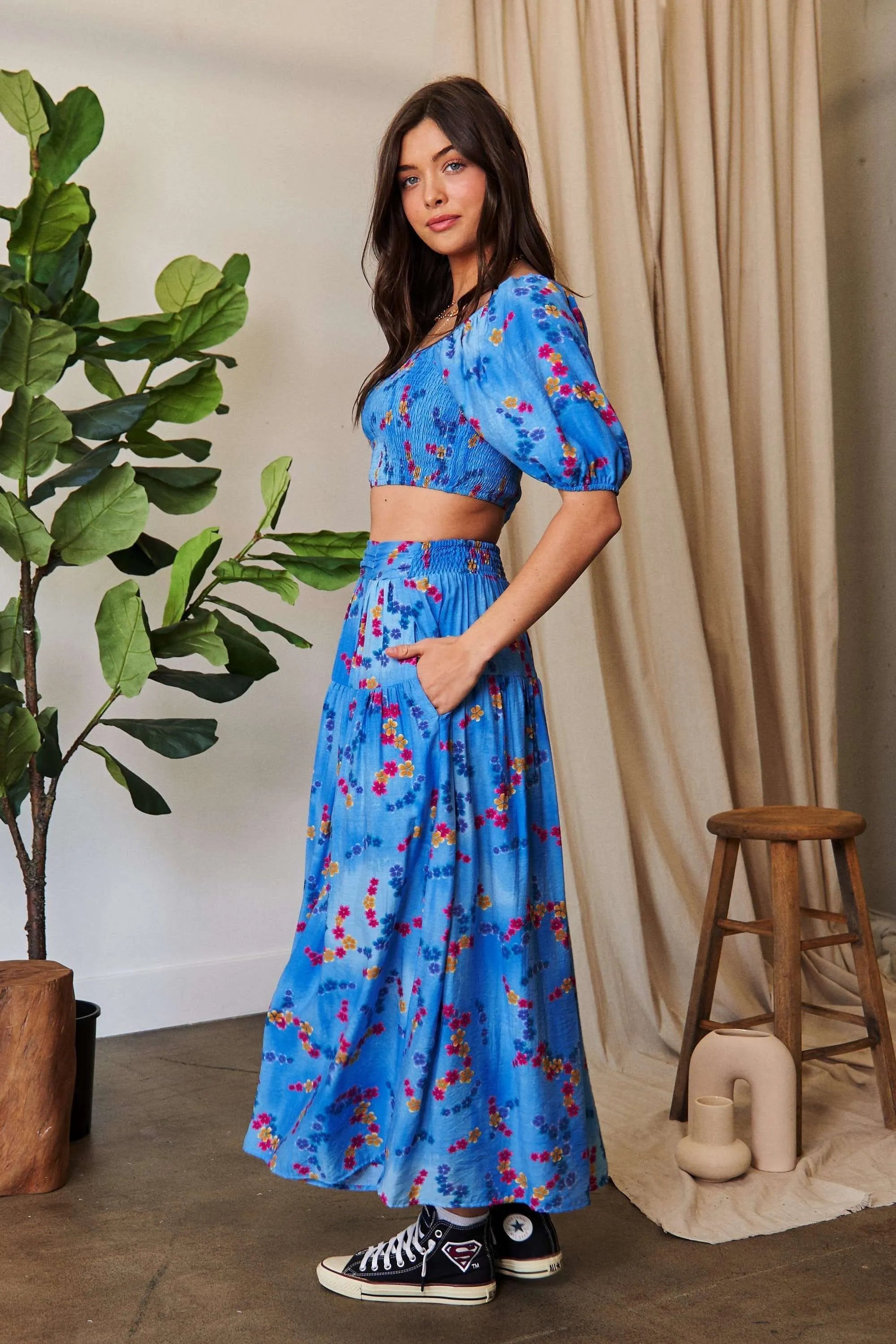 Printed Smocking Waistband Ruffled Maxi Skirt