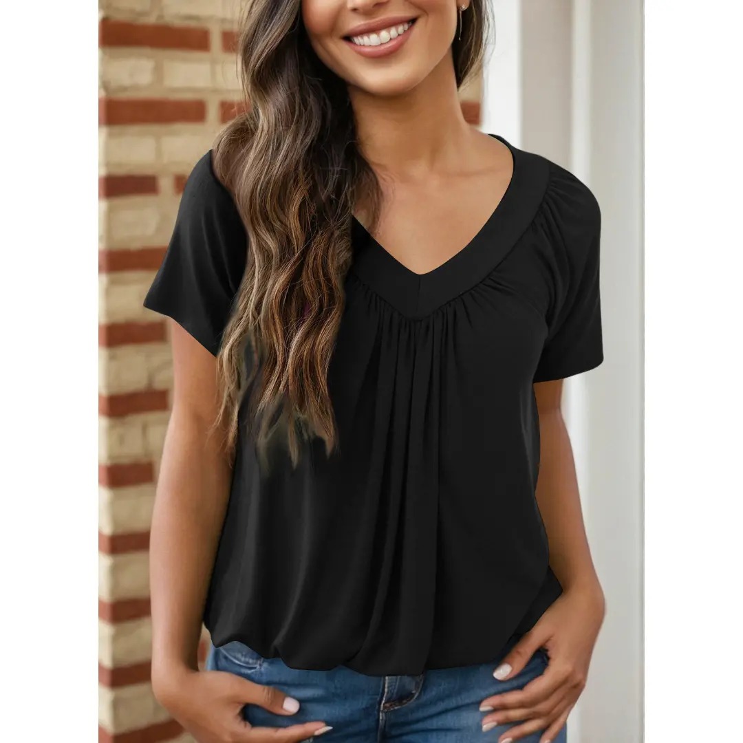 Women’s Casual Summer V-Neck Shirred T-Shirt – Loose Fit & Breathable Tee