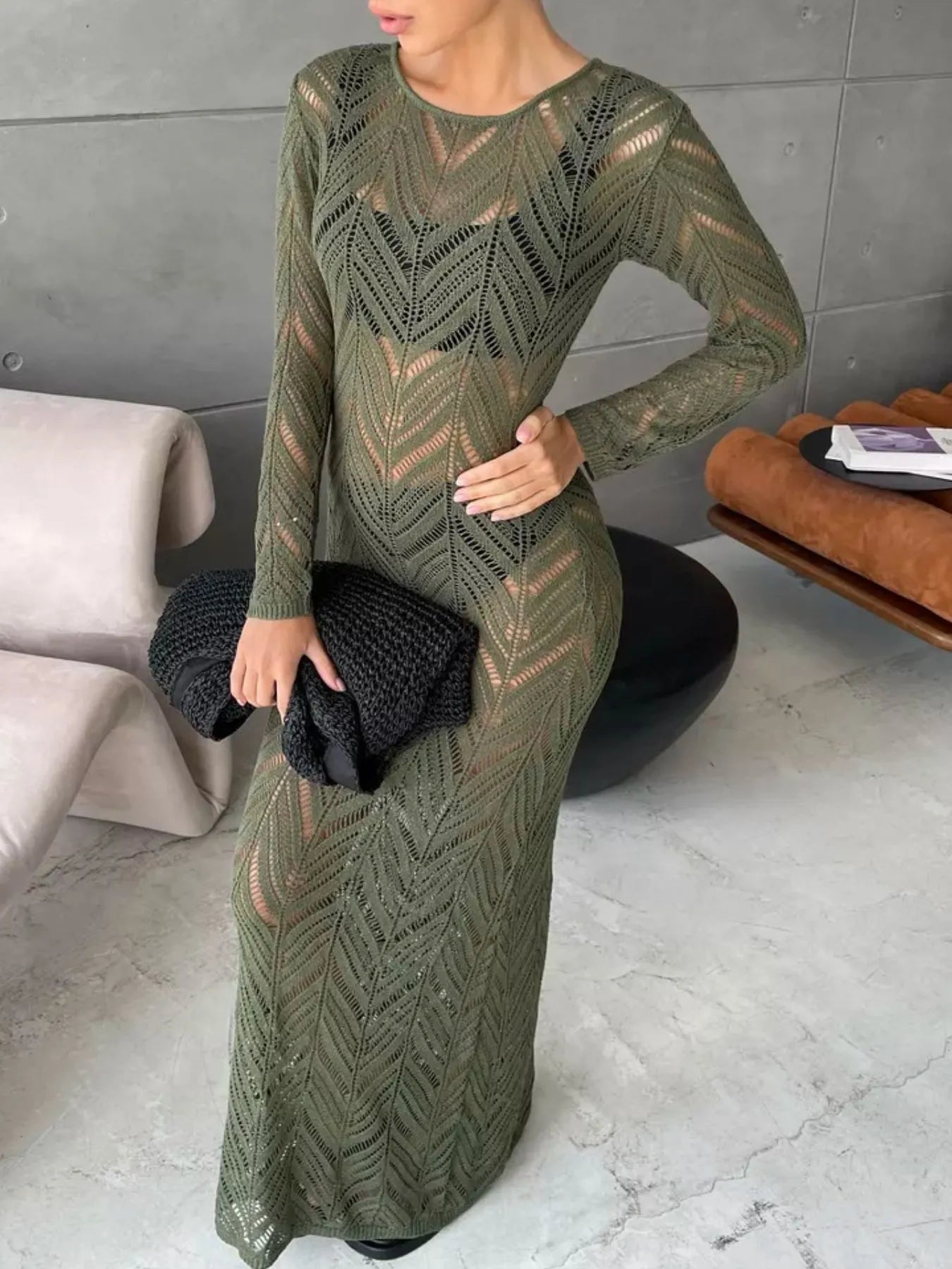 Openwork Long Sleeve Knit Cover Up Dress