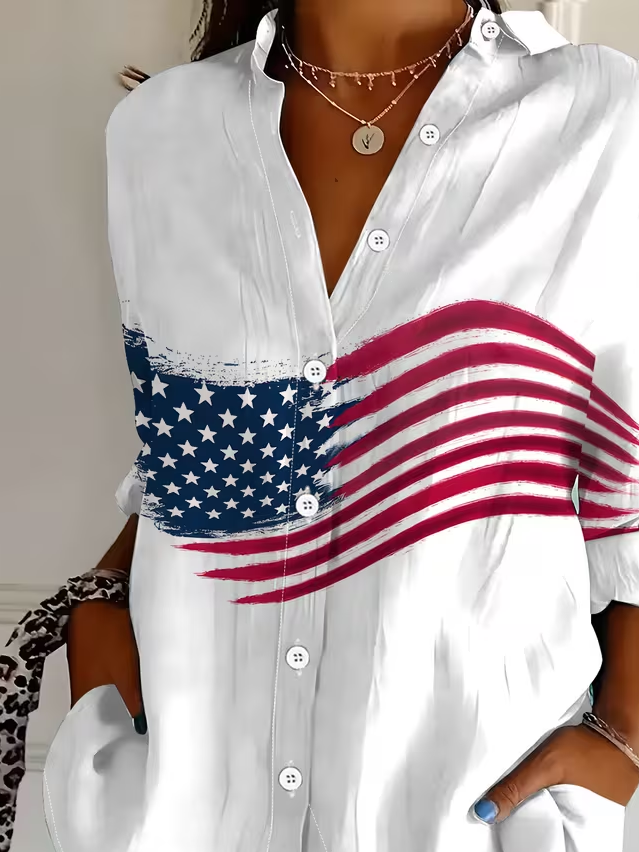 Shirt Collar Regular Sleeve Long Sleeve America Flag Buckle Regular Loose Button Up Shirt Shirt For Women