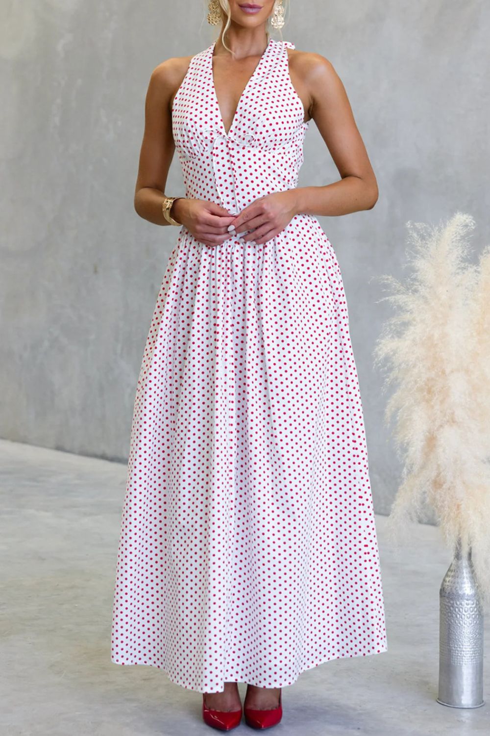 Backless Polka Dot Halter Neck Maxi Dress