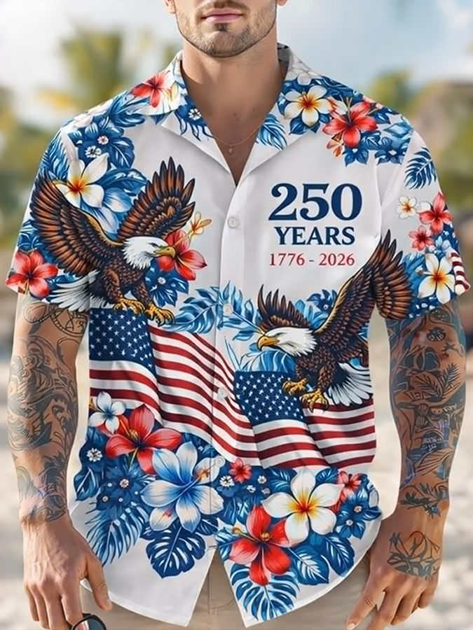Men'S Casual American Eagle Flower Flag Art Printed Shirt
