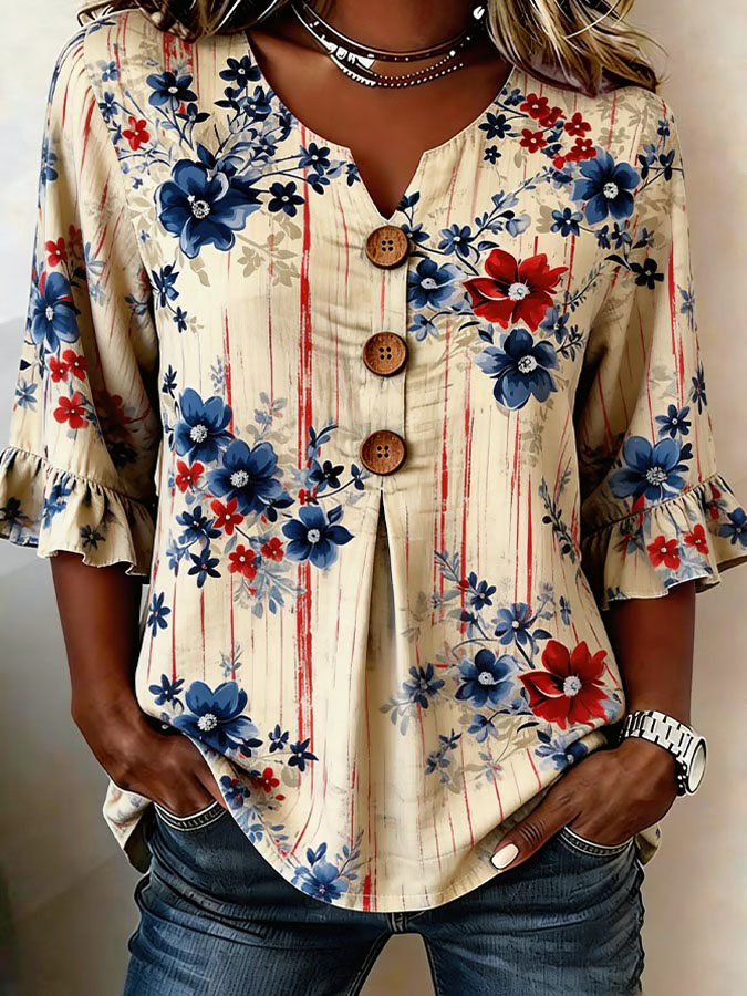 Women'S Casual Button Design American Independence Day 250Th Anniversary Printed Shirt