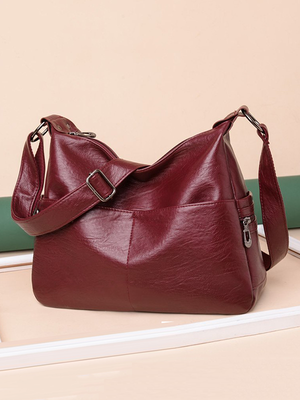 Vintage Solid Color Split-Joint Leather Shoulder Bag