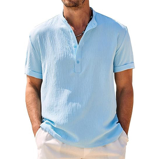 Men's Casual Henley Shirt Band Collar Short Sleeve Shirt Summer Beach Hippie T-Shirt