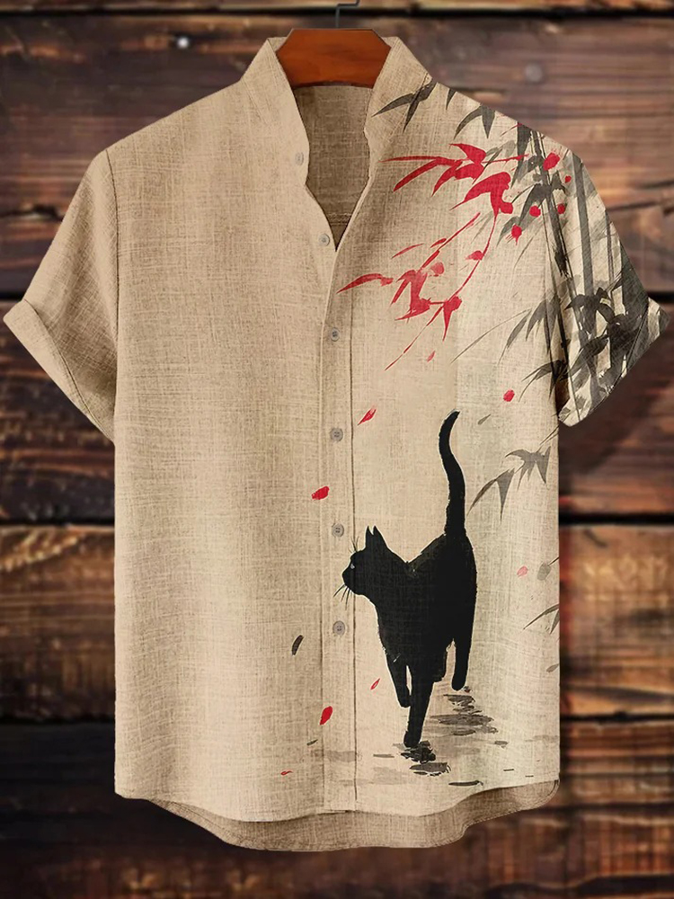 Men's Black Cat Walking In Bamboo Forest Ink Painting Print Casual Shirt