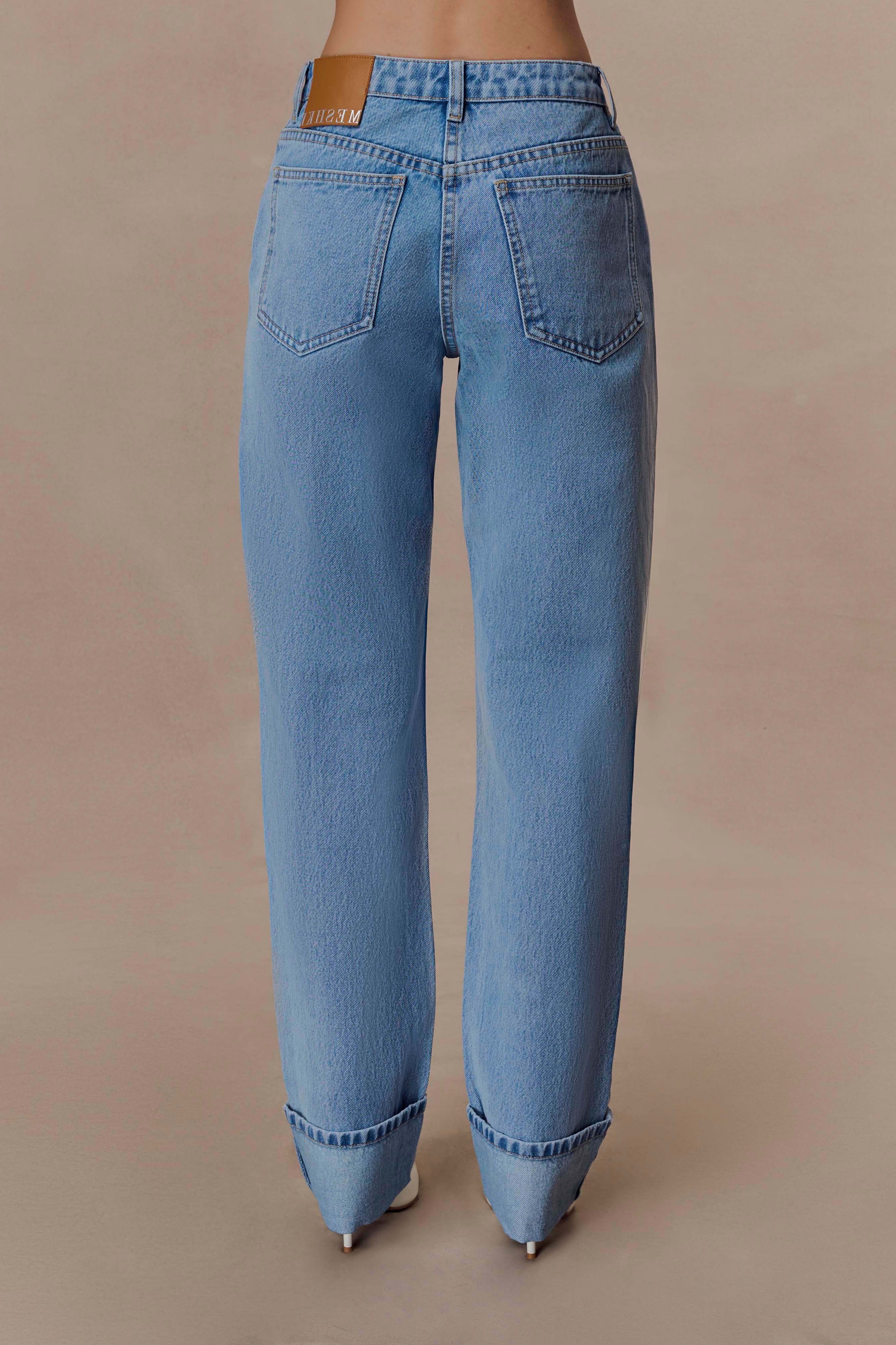 Blue Straight Leg Cuffed Jeans
