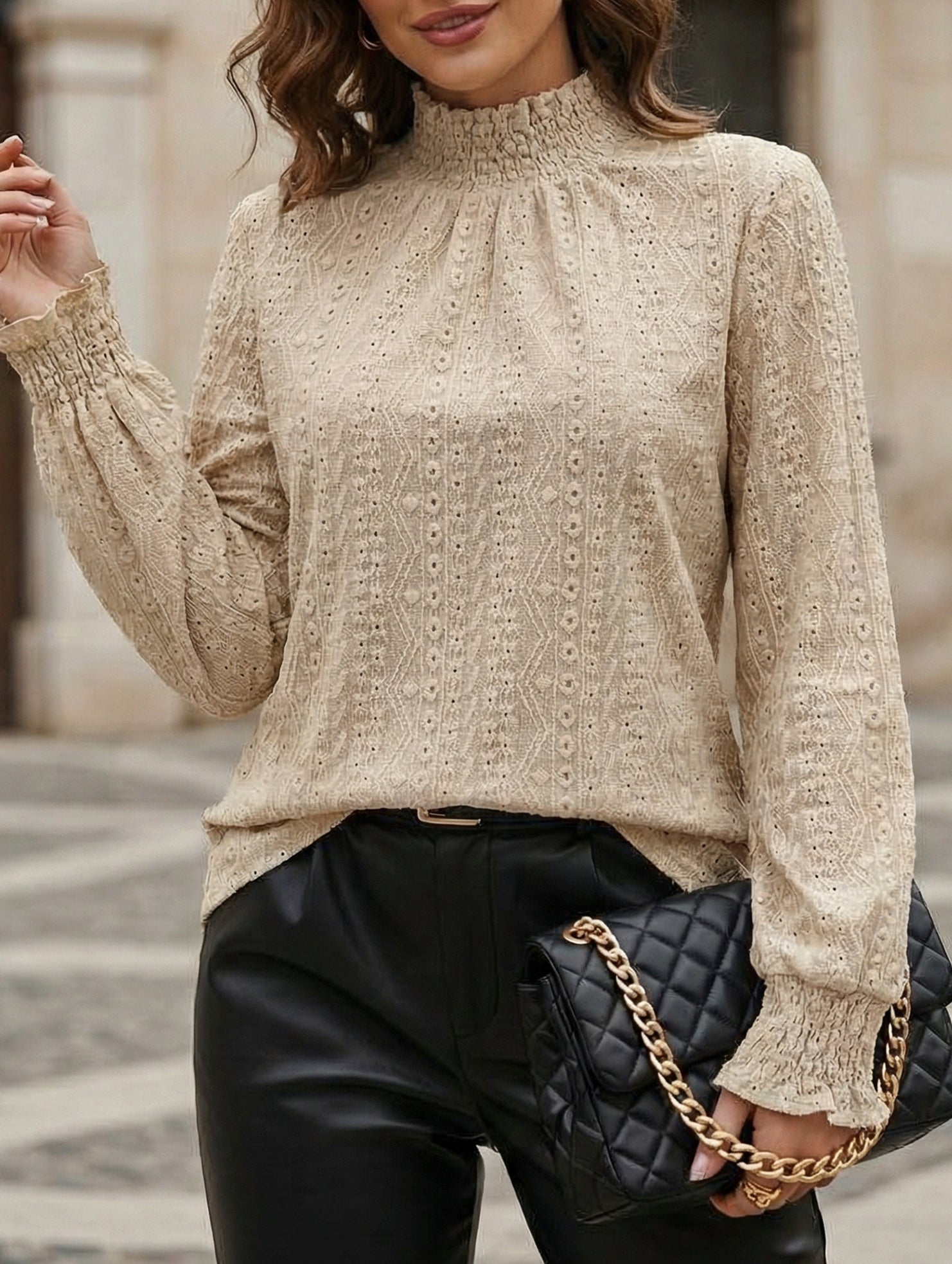 Jacquard Crew Neck Long Sleeve Tee_CWTTL01230