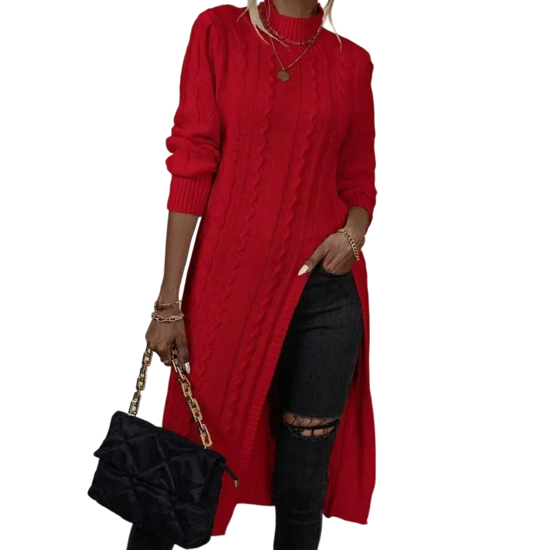 Sweater Mock Neck Split Hem Cable Knit Longline for Fall