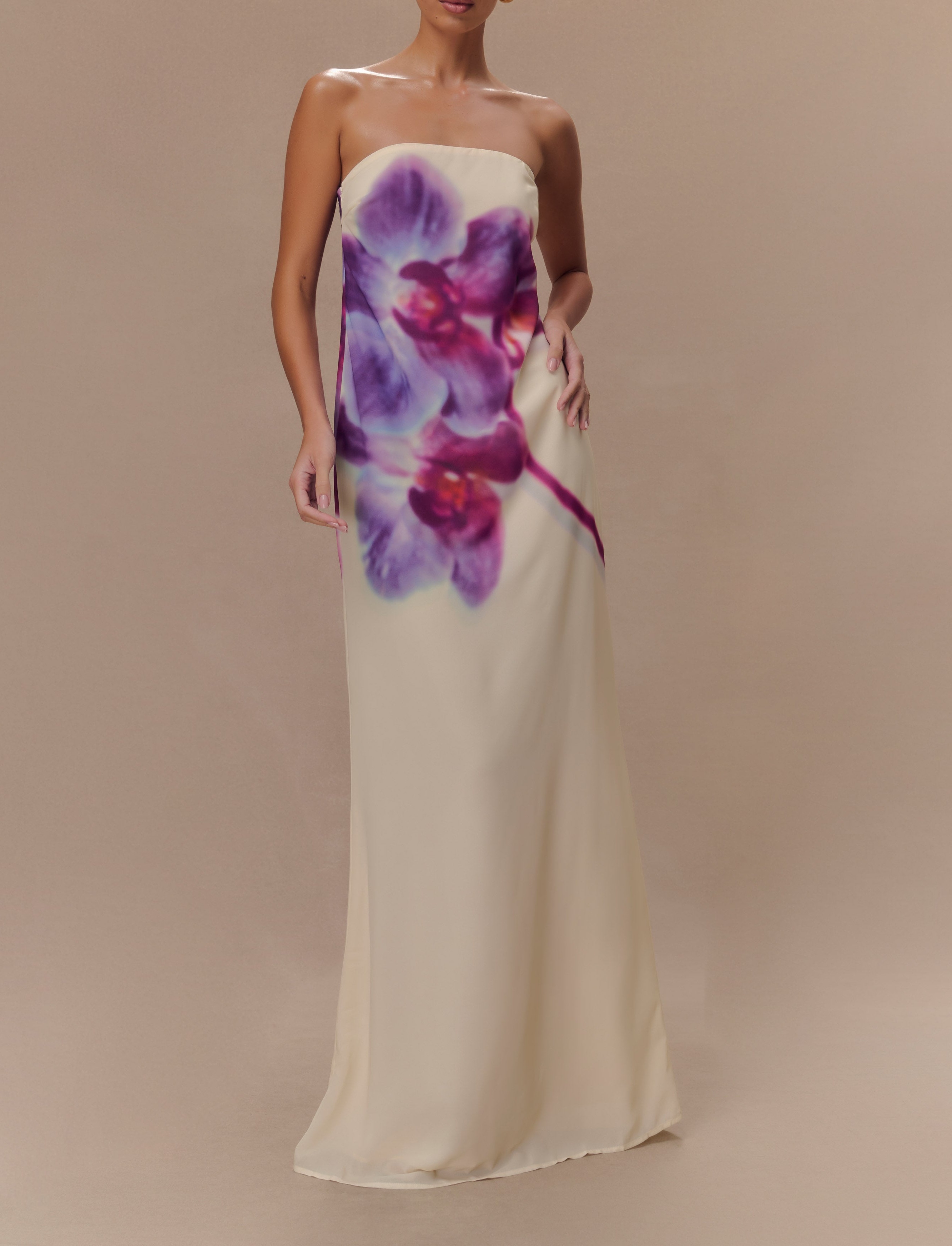 Print Strapless Chiffon Maxi Dress