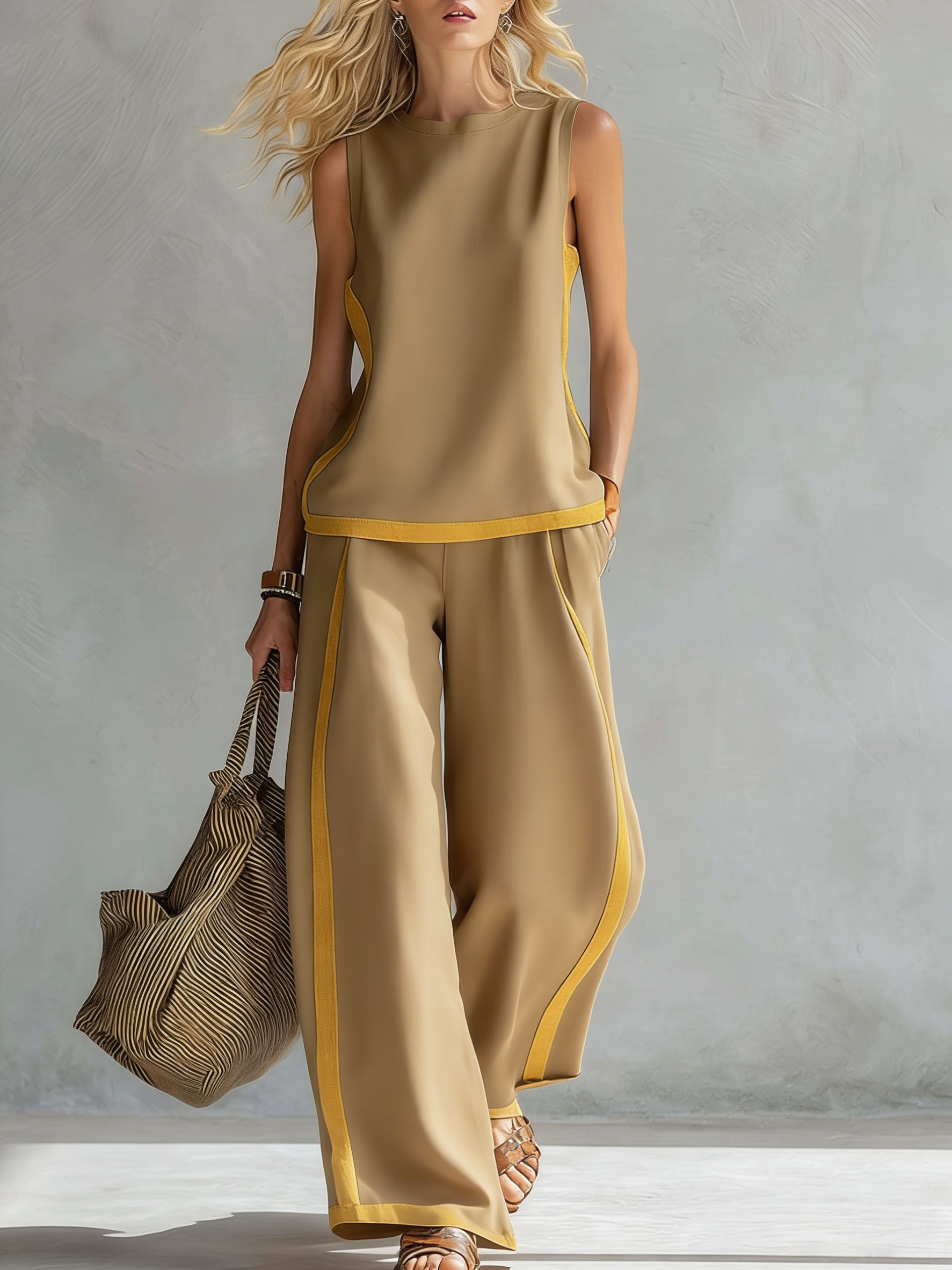 2026 Linen Blend Two Piece Set for Women Sleeveless Color Block Top Wide Leg Pants Set Casual Summer Outfit