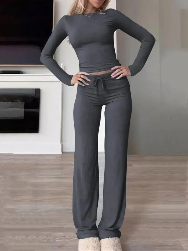 Two-Piece Set Women's Solid Color Long Sleeve Crop Tee & High-Waisted Drawstring Pants Set