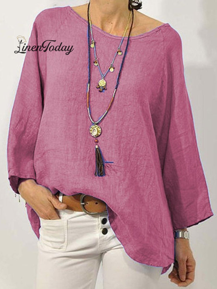 Women's Solid Colour Cotton And Linen Round Neck Ninth Sleeve Blouse