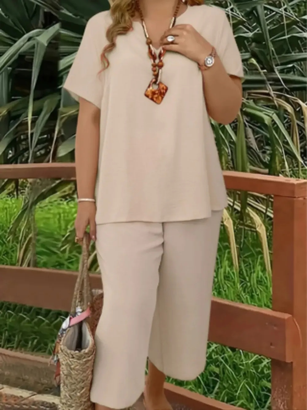 Women's Solid Color Short Sleeve Fashion Top & Casual Wide Leg Pants Set, Summer, Comfortable & Stylish