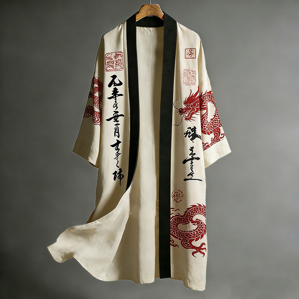 Retro Japanese Dragon Art Flowing Black And Red Contrasting Linen Long Kimono