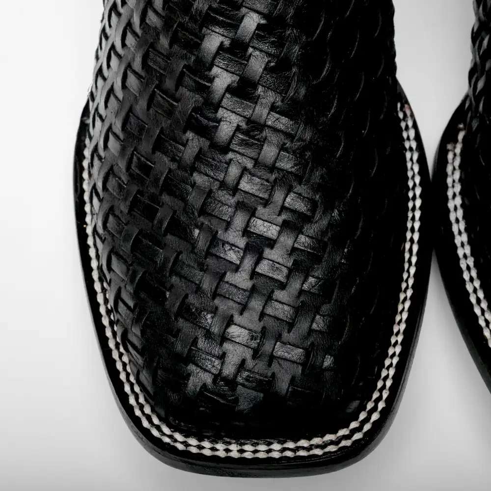 Black Basketweave Leather Boots - Square Toe