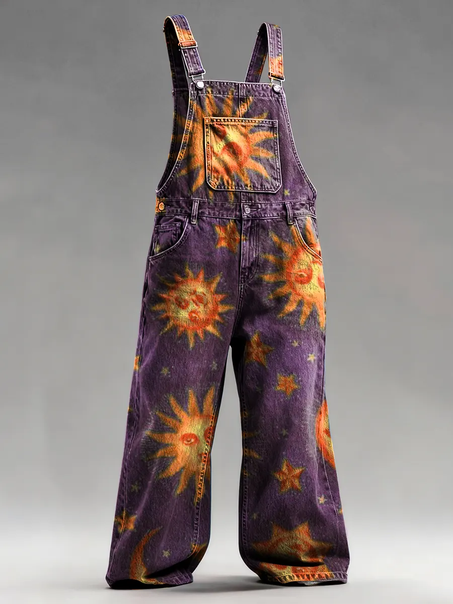 Men's Casual Retro Multicolor Hippie Star Art Prints Denim Overalls