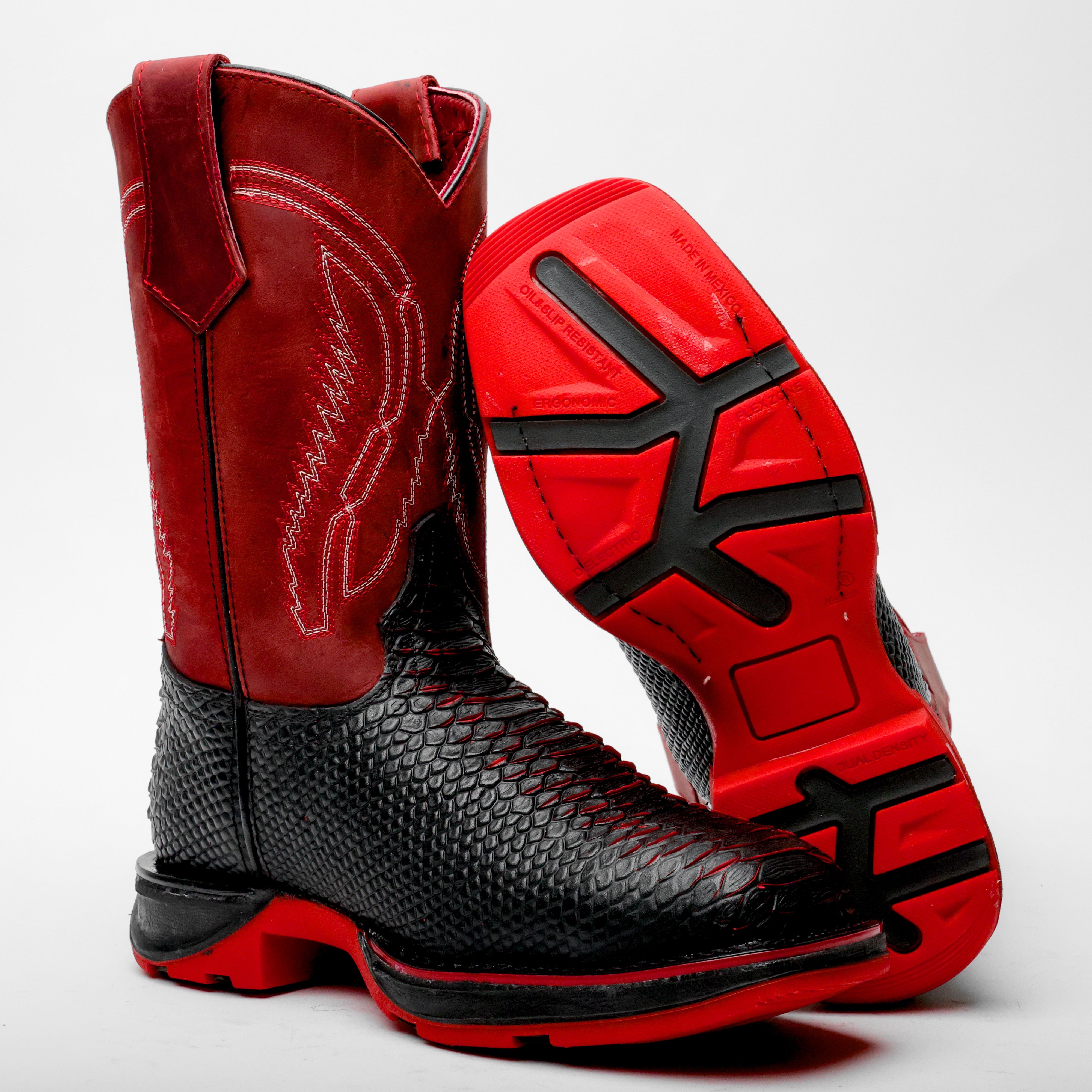 Black/Red Python Leather Boots With 3D Lightweight Sole - Composite Toe