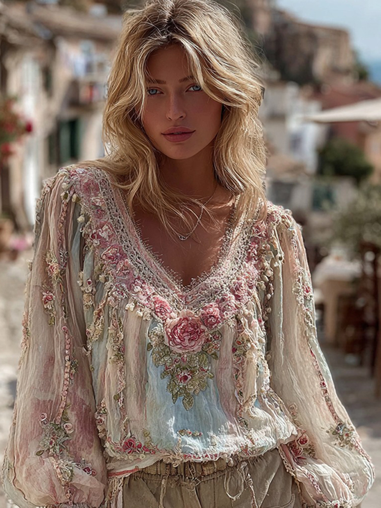 Women's Vintage Floral Stitching V-neck Shirt