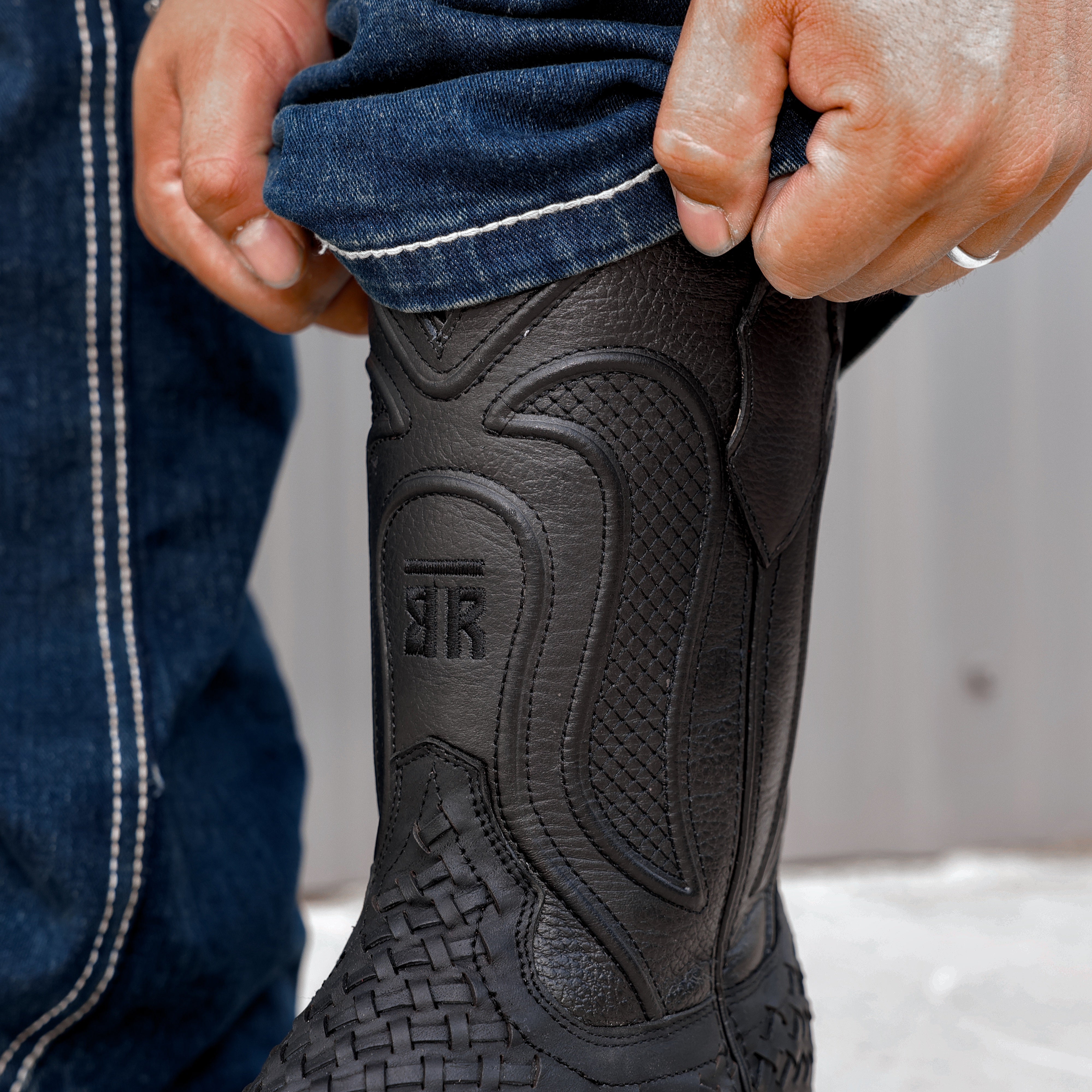 Black Basketweave Leather Boots - Square Toe