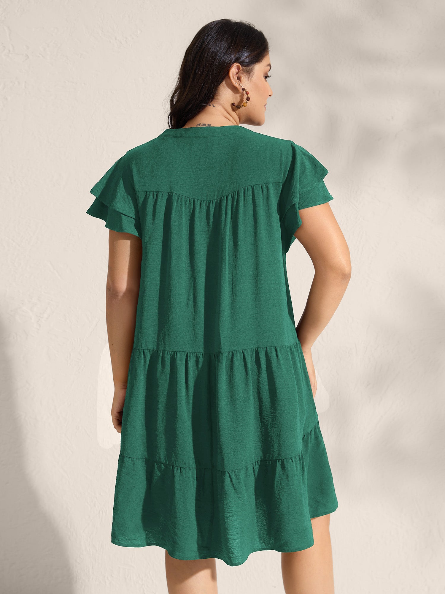 Embroidered Neckline A-Line Ruffled Knee-Length Dress