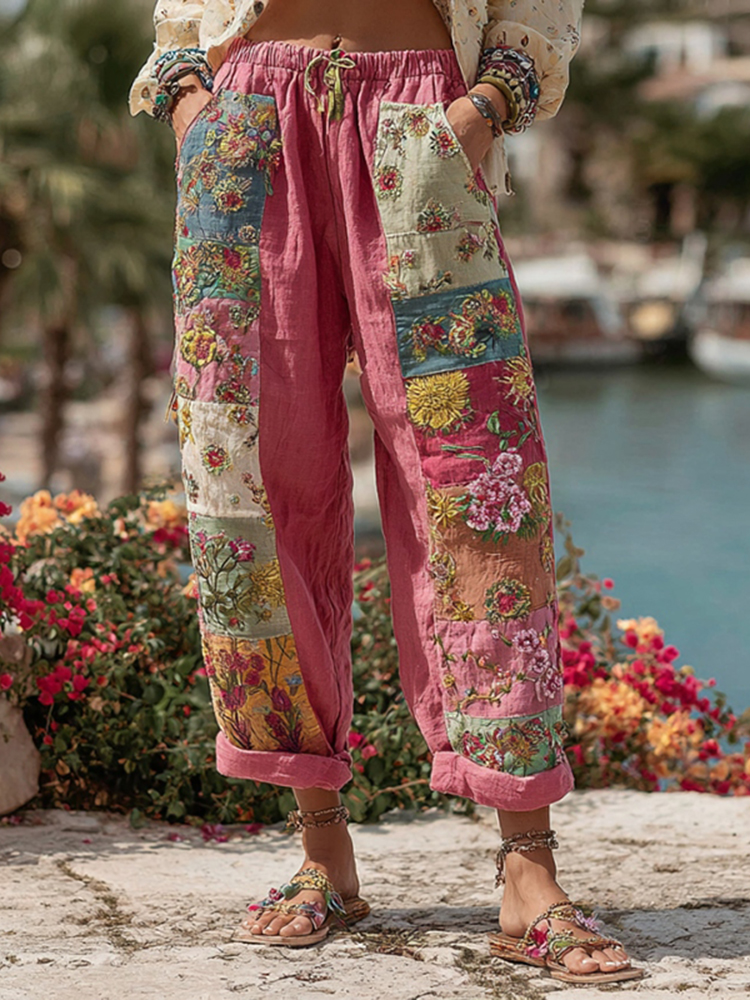 Women's Bohemian Floral Embroidery Art Contrast Color Linen Blend Casual Pants