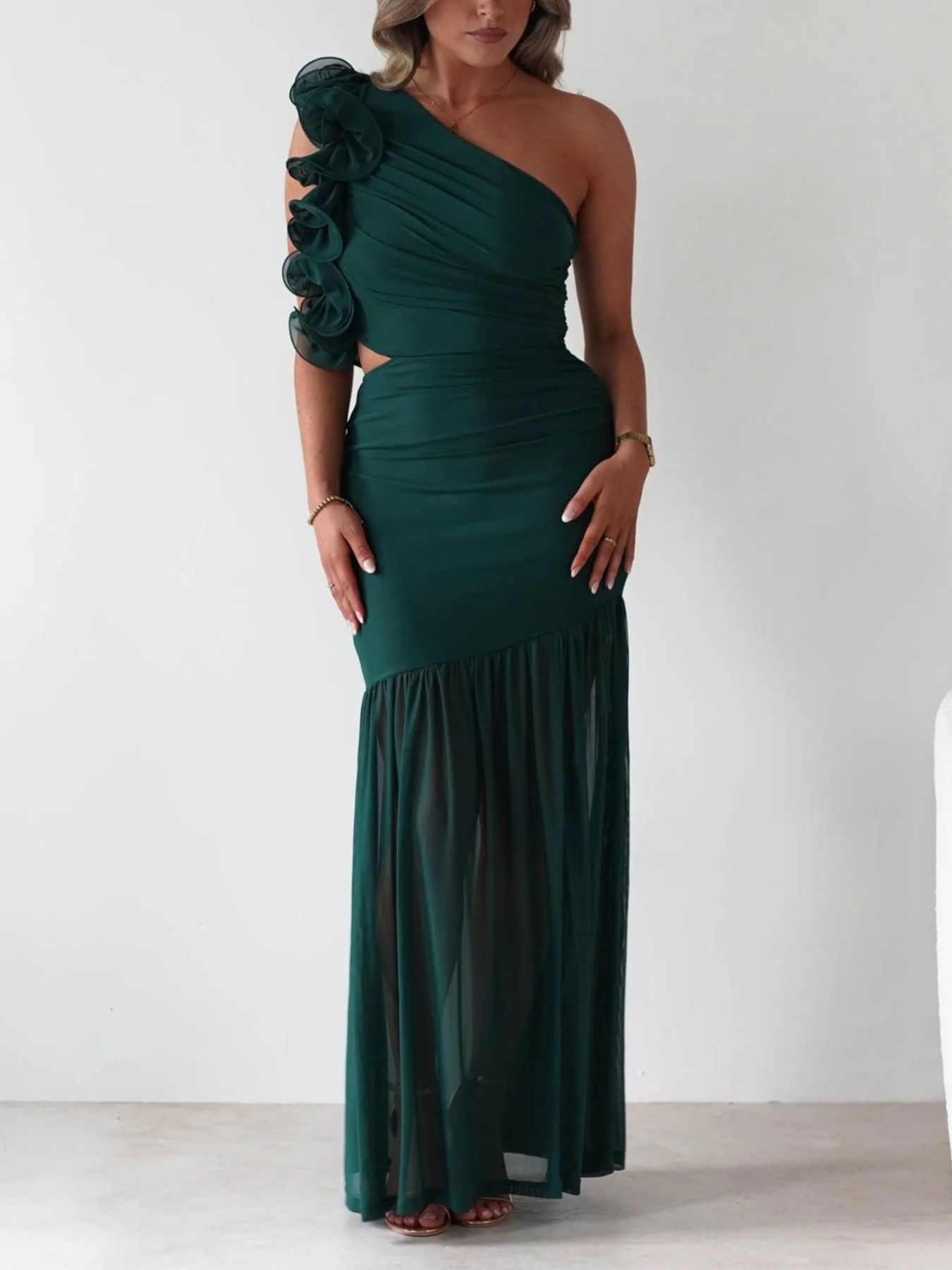 One-Shoulder Ruffle Trim Maxi Dress