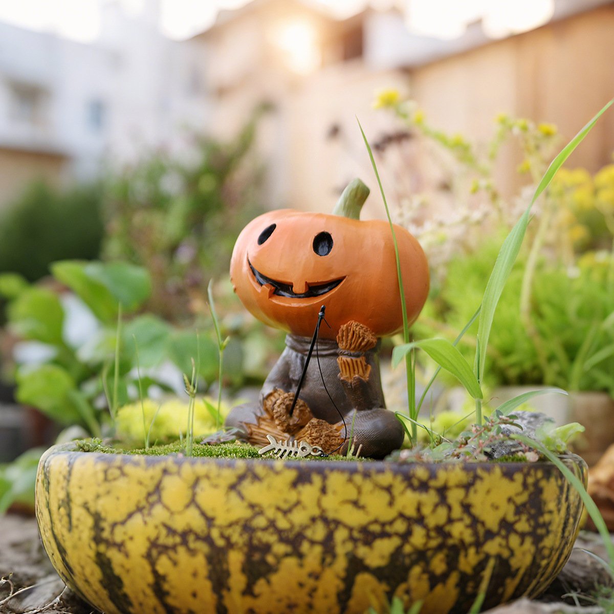 Pumpkin Fisherman Figurine A Quirky Touch of Halloween Fun