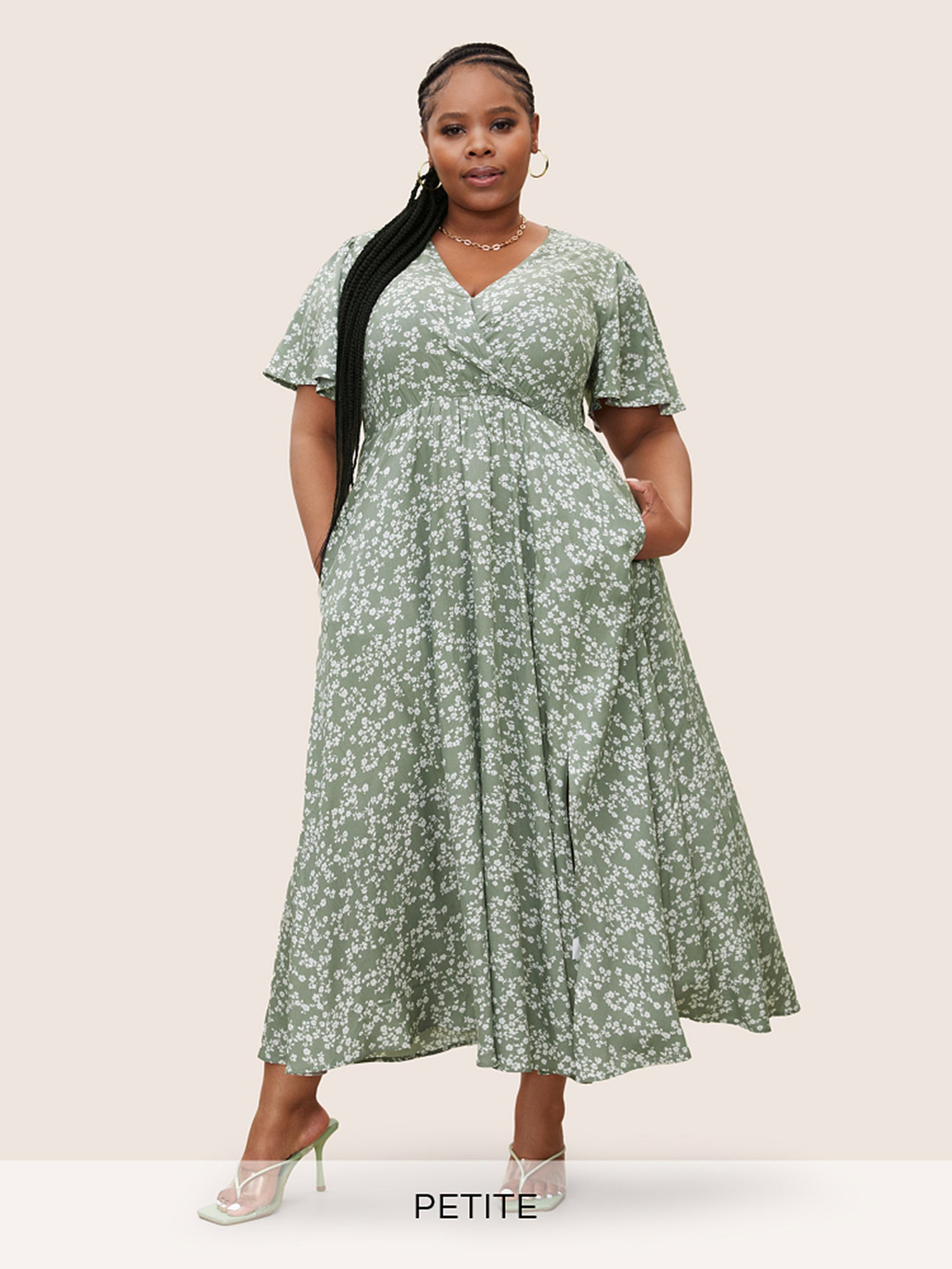 Bloom Dress - Flutter Sleeve Ditsy Floral Pocket Split Maxi Dress