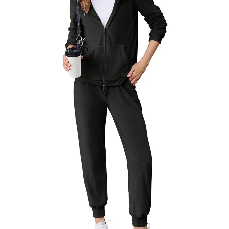 Women's Casual Velour Tracksuit Set Full Zipper Hoodie & Workout Pants Velvet