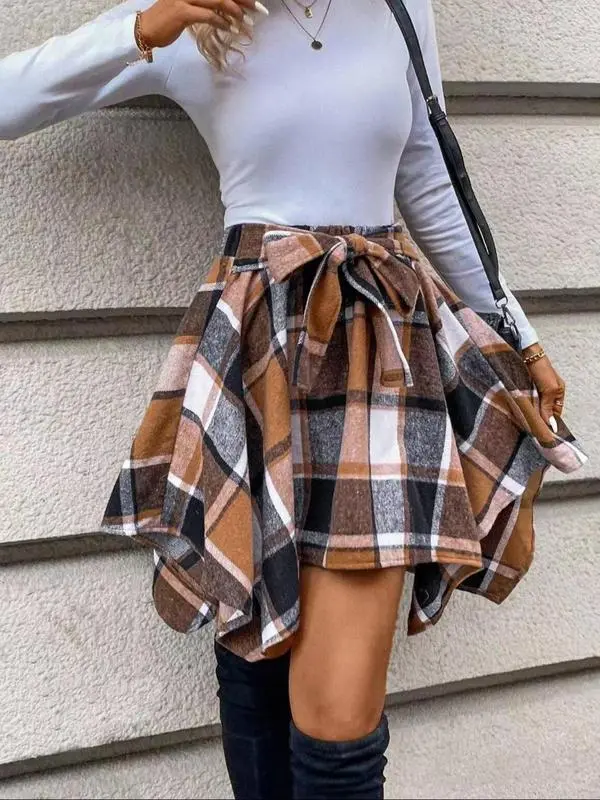 Women's Fashion Plaid Print Asymmetrical Hem High Waisted Skirt