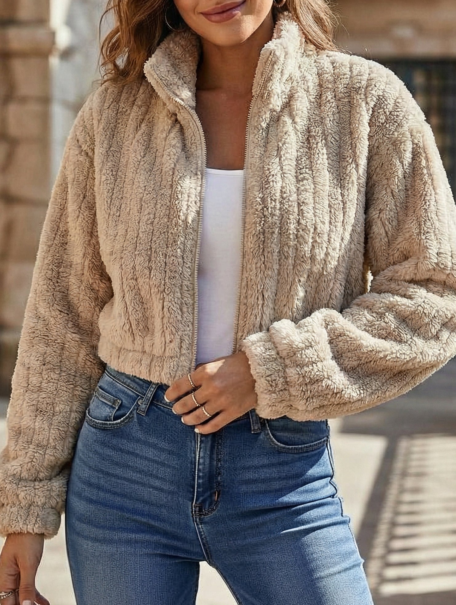 Casual stand-up collar zip-up short jacket