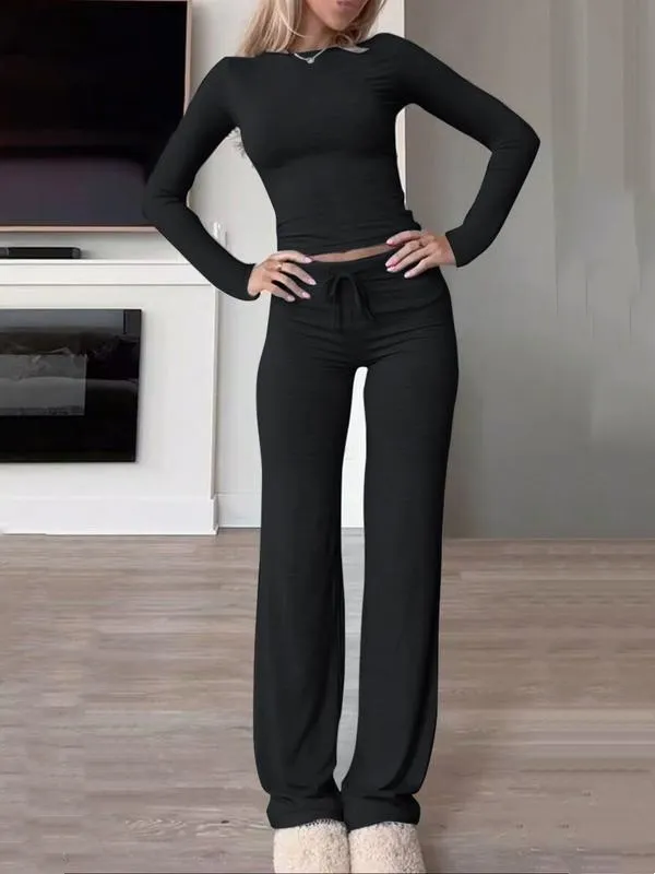 Two-Piece Set Women's Solid Color Long Sleeve Crop Tee & High-Waisted Drawstring Pants Set