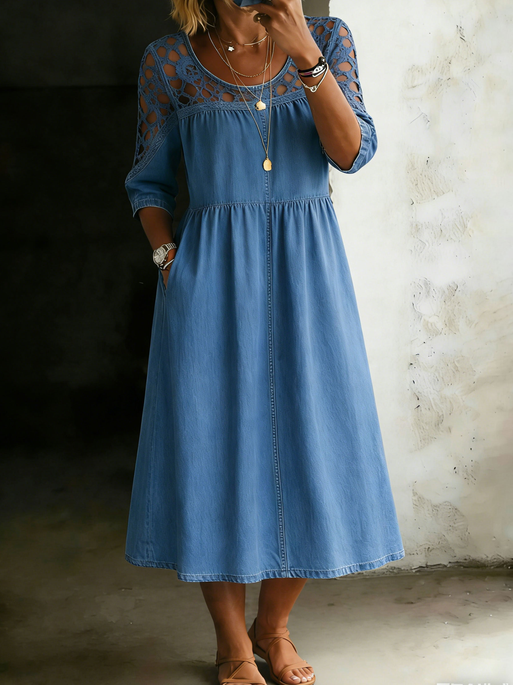 Women's Casual Lace Denim Loose Dress
