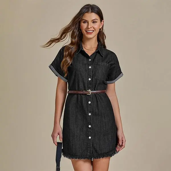 Denim Dress for Women Button Down Short Sleeves