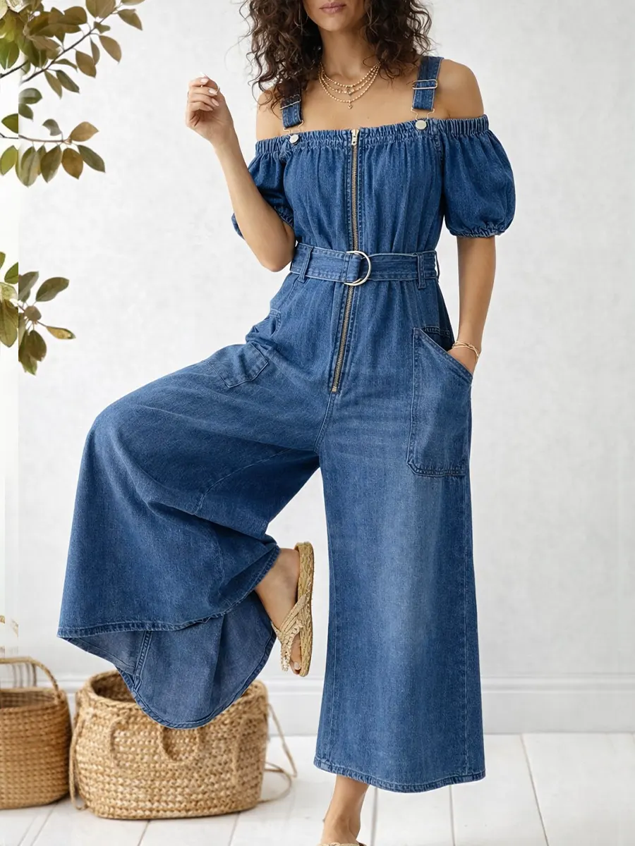 Women's Casual Denim Cotton Jumpsuit With Adjustable Straps