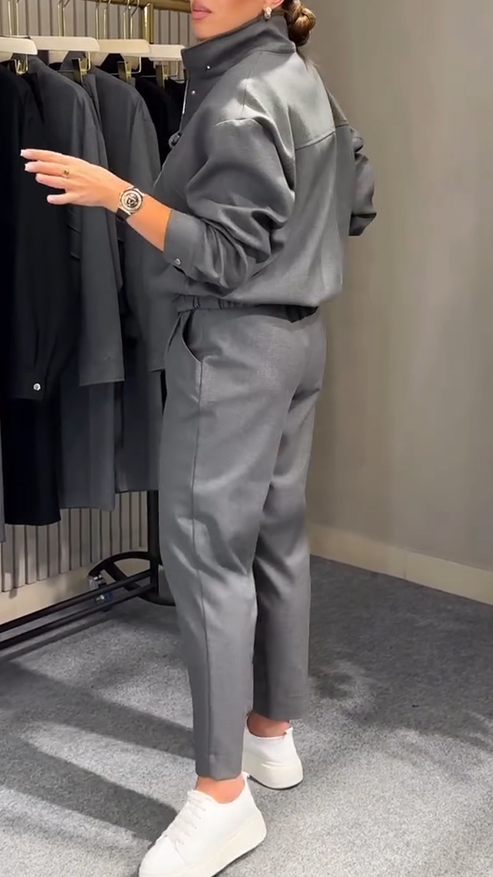 Women Collar Jacket+pants Solid Color Temperament Commuting Set