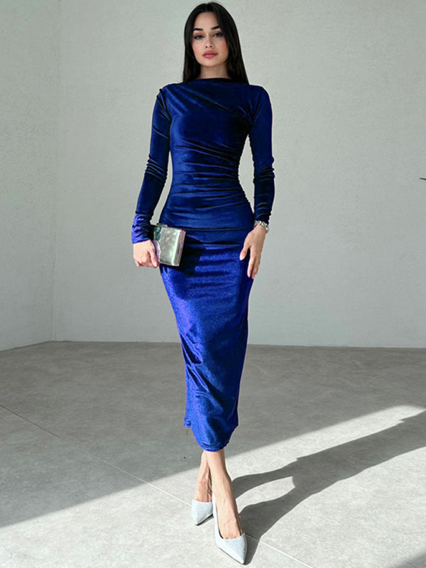Pleated Round Neck Long Sleeve Bodycon Midi Dress