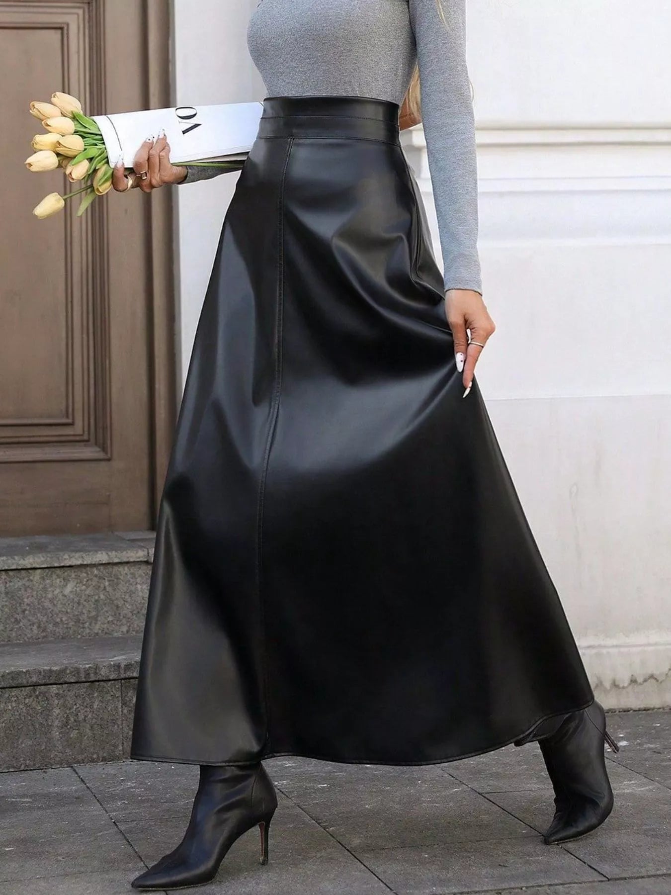 Leather A-Line Midi Skirt