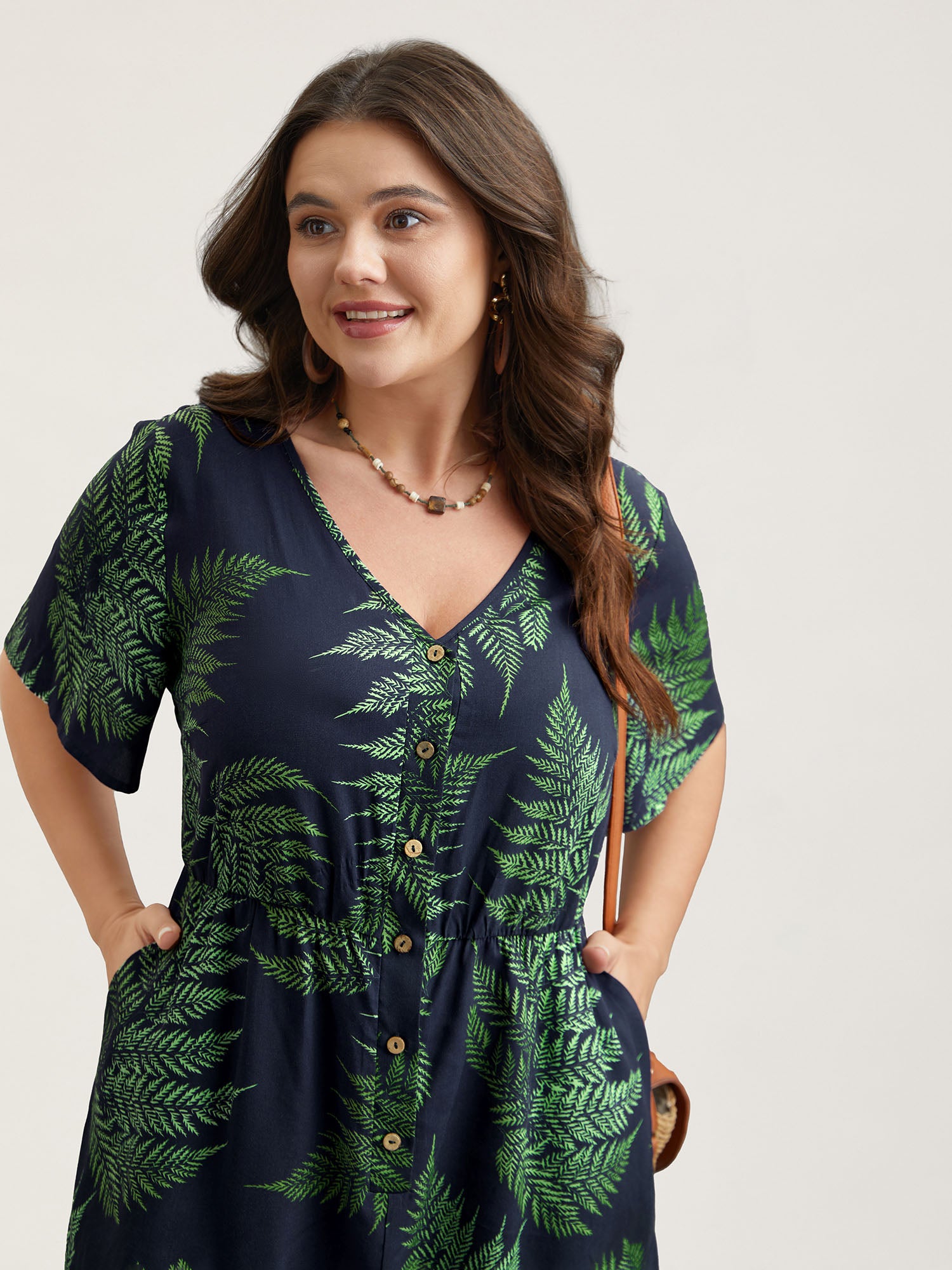 Tropical Leaf Print Pockets Button Romper