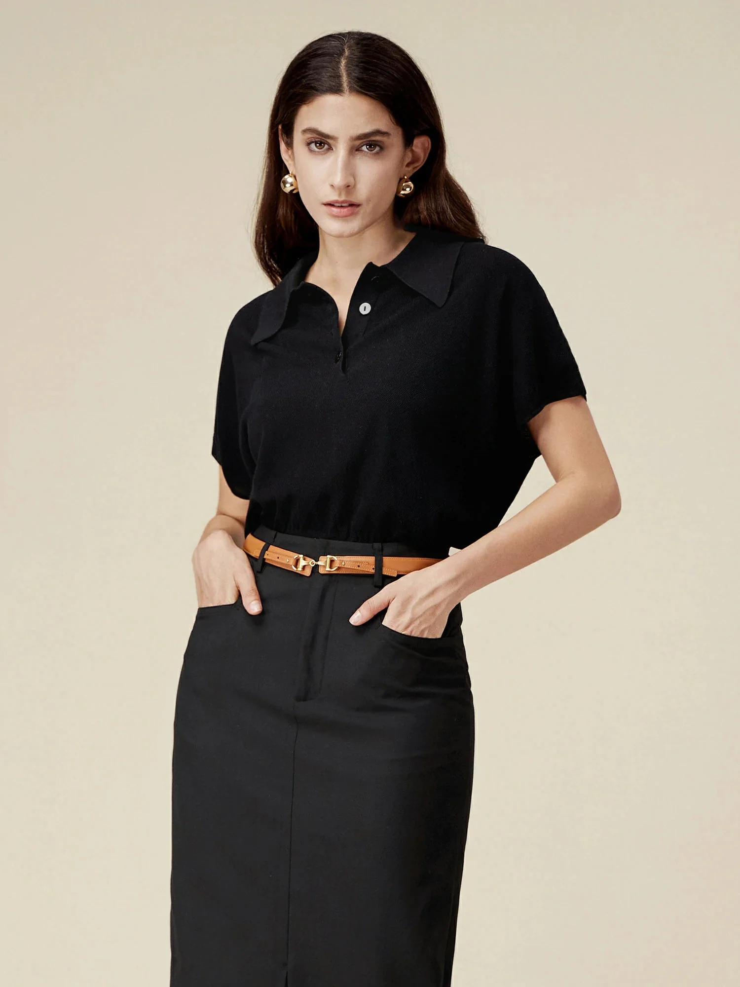 100% Lyocell Polo Collar Short-Sleeve Casual Top