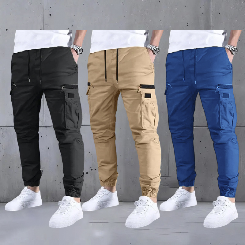 Men’s long cargo pants with a drawstring waist and multiple pockets