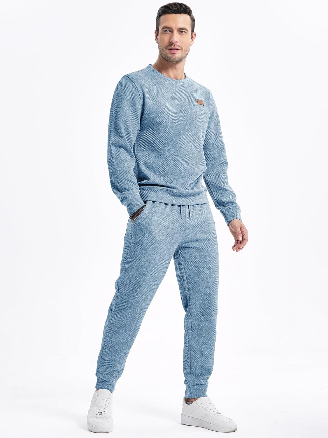 Mens 2 Piece Outfits Knit Jacquard Pullover Sweatshirt Tracksuit & Joggers Sweatpants Sweatsuit Sets with Pockets