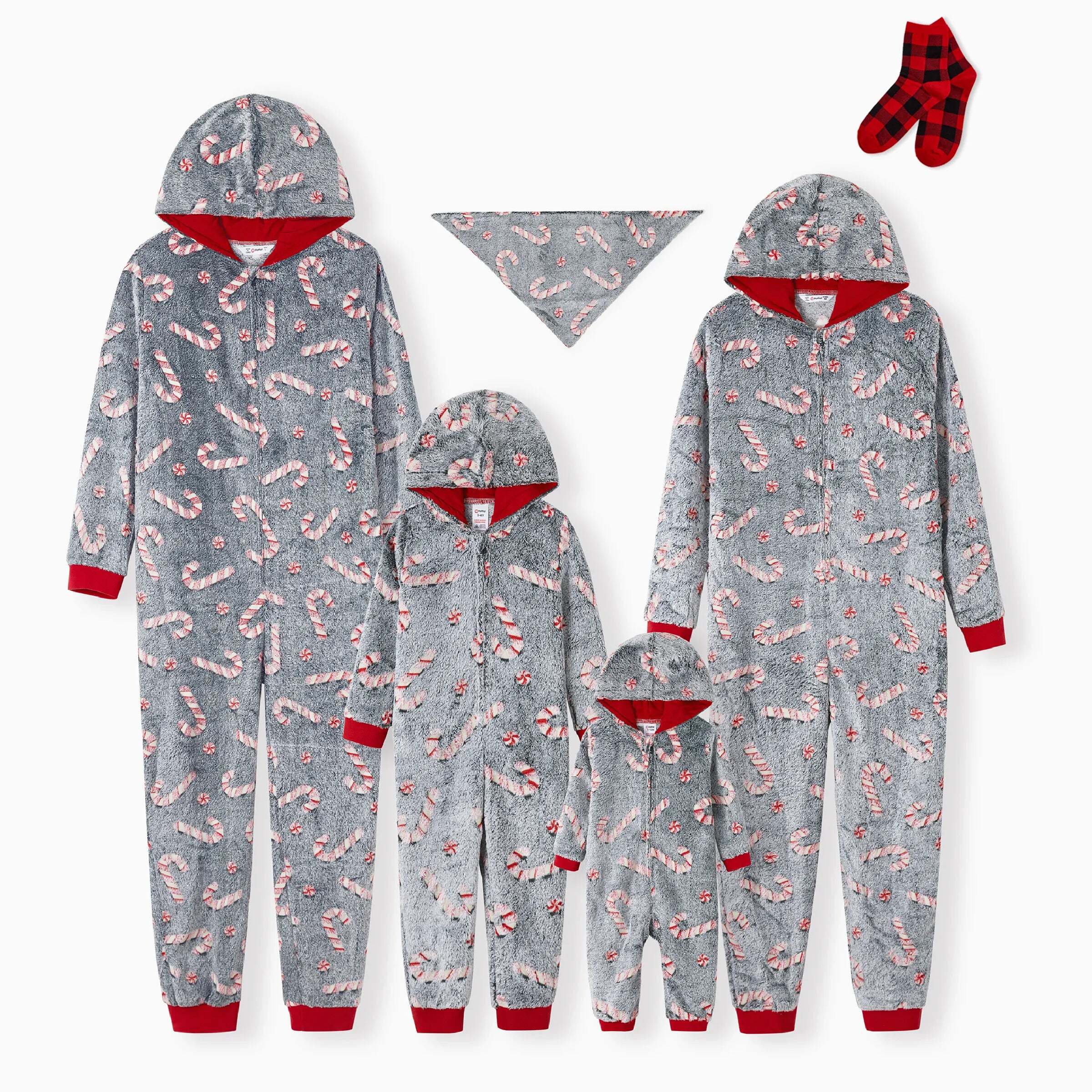 Onesies Pajamas Matching Christmas Outfits Candy Cane Pattern (Glow in the Dark) with Christmas Socks Black
