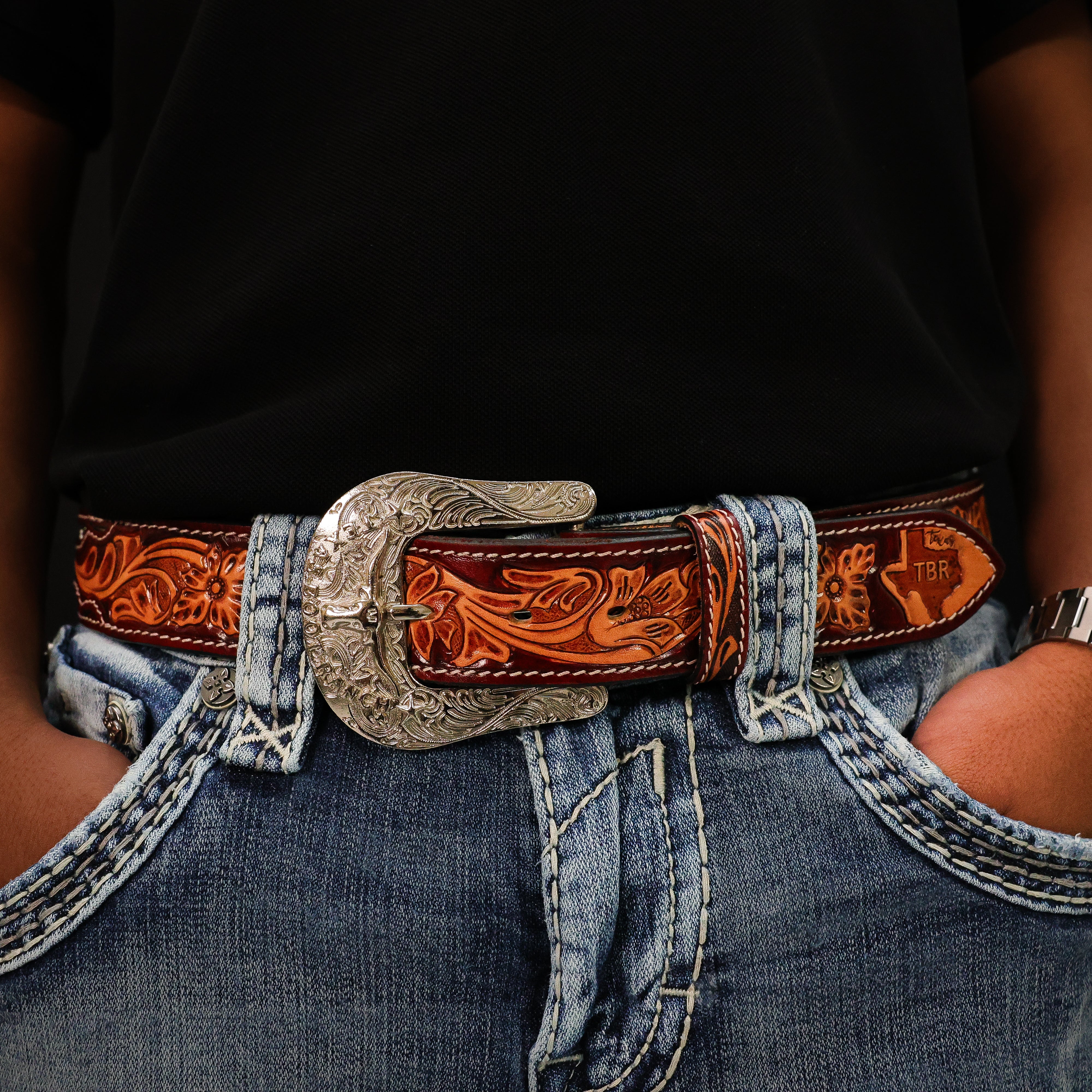 Hand-Tooled Artesanal Beaded Leather Belt