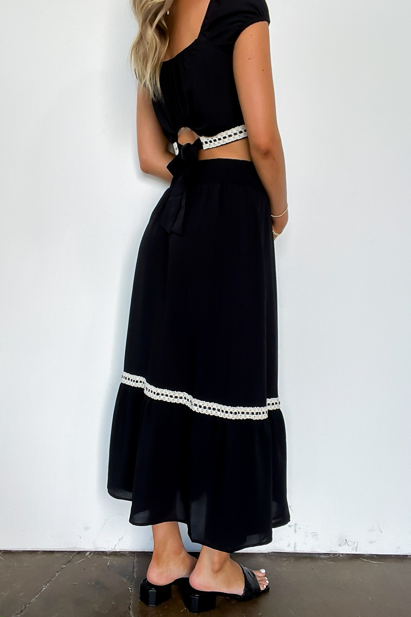 Midnight Lace Contrast Trim Smocked Waist Midi Skirt and Top Set