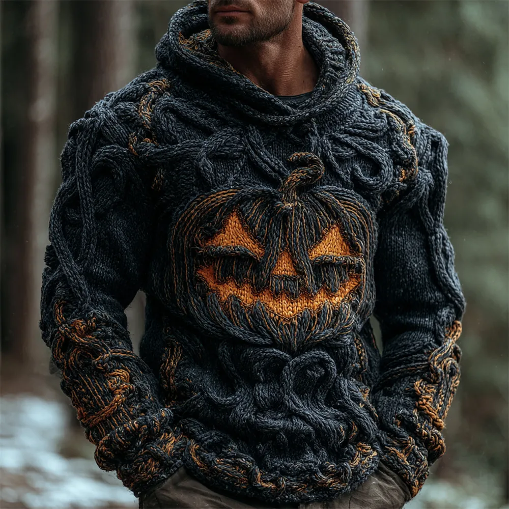 Halloween Pumpkin Emoji Men's Chunky Knit Hooded Sweater