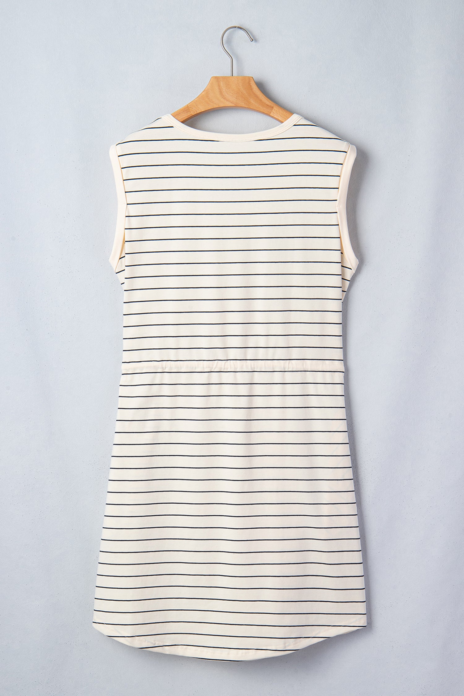Beige Stripe Drawstring Tunic Tank Mini Dress with Pockets