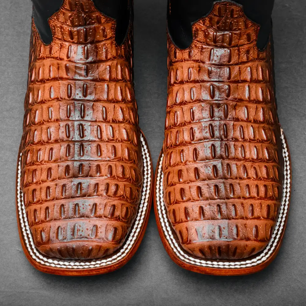 Metallic Cognac Caiman Hornback Leather Boots - Square Toe