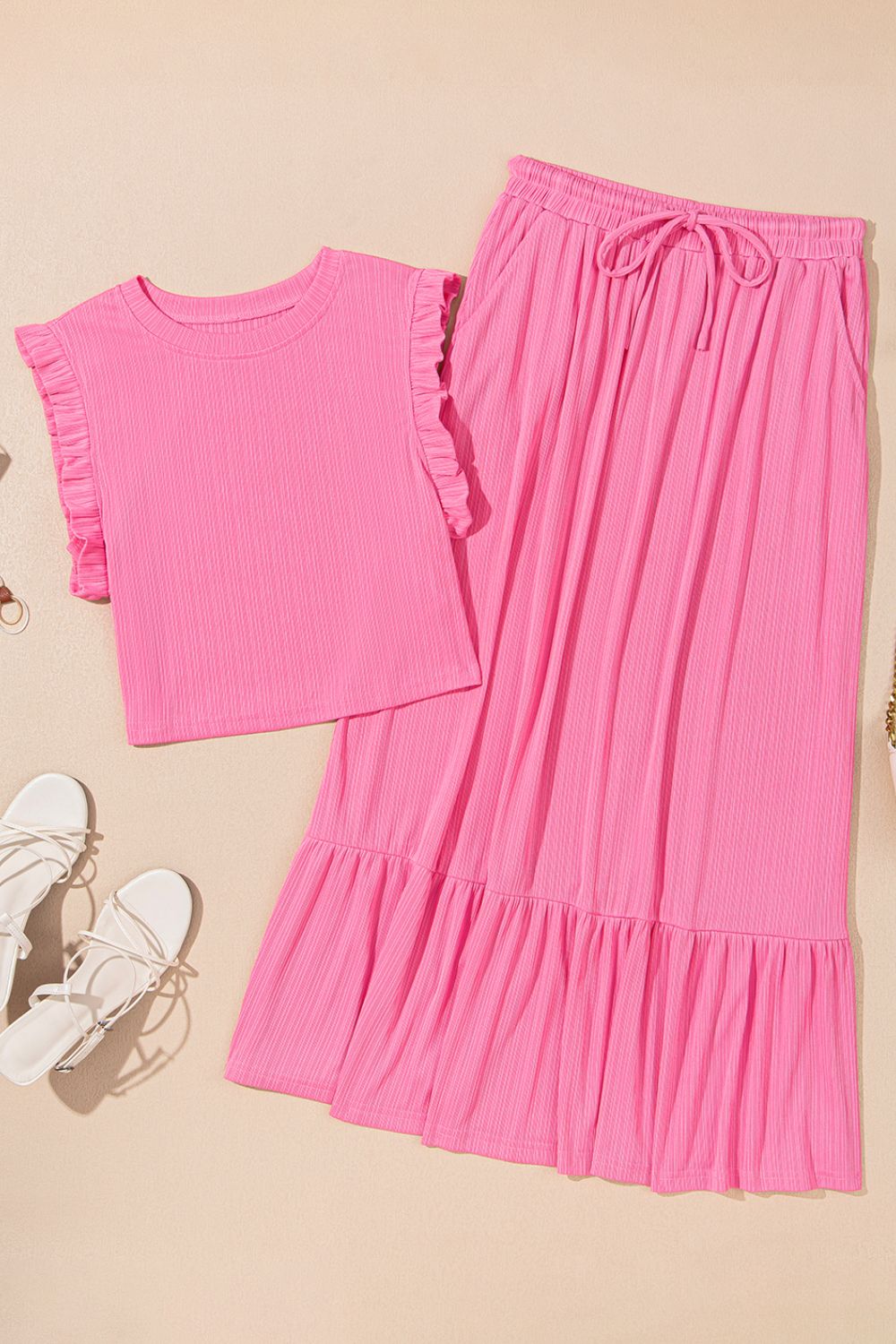 Ruffle Trim Round Neck Top And Drawstring Skirt Set